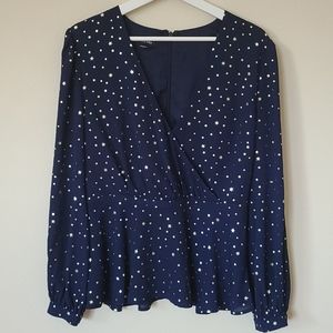 Bebe Gold Foil Star Navy Crossover Blouse Size 8